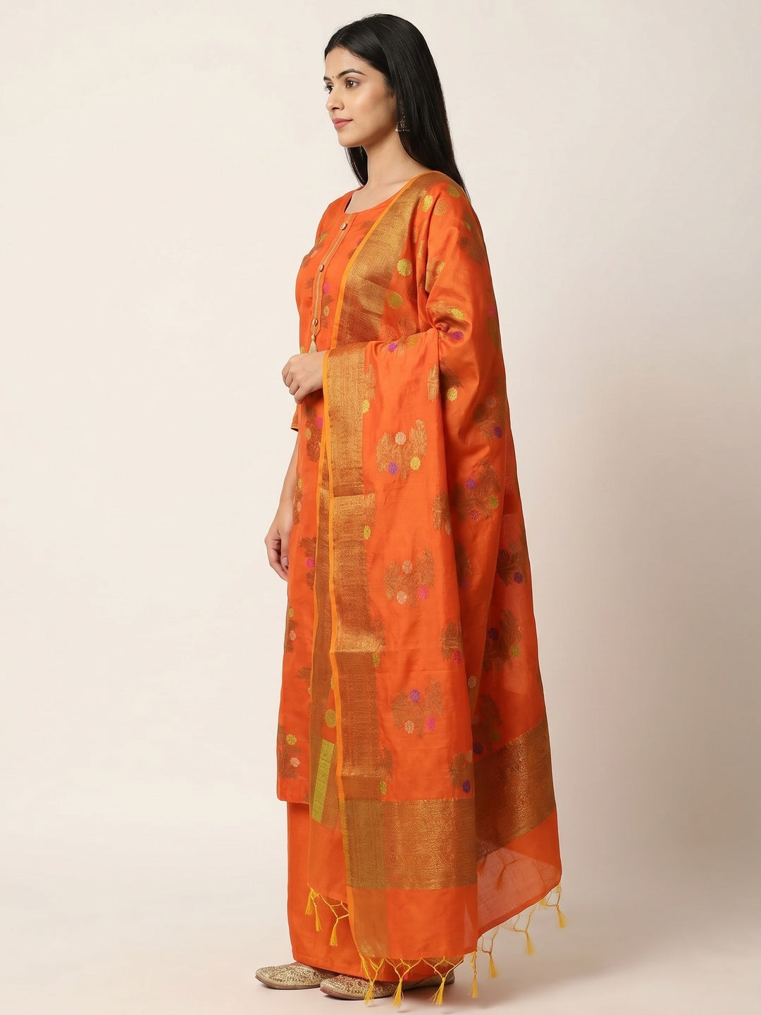 Orange Festive Wear Floral Woven Banarasi Silk Dress Material - Image 2