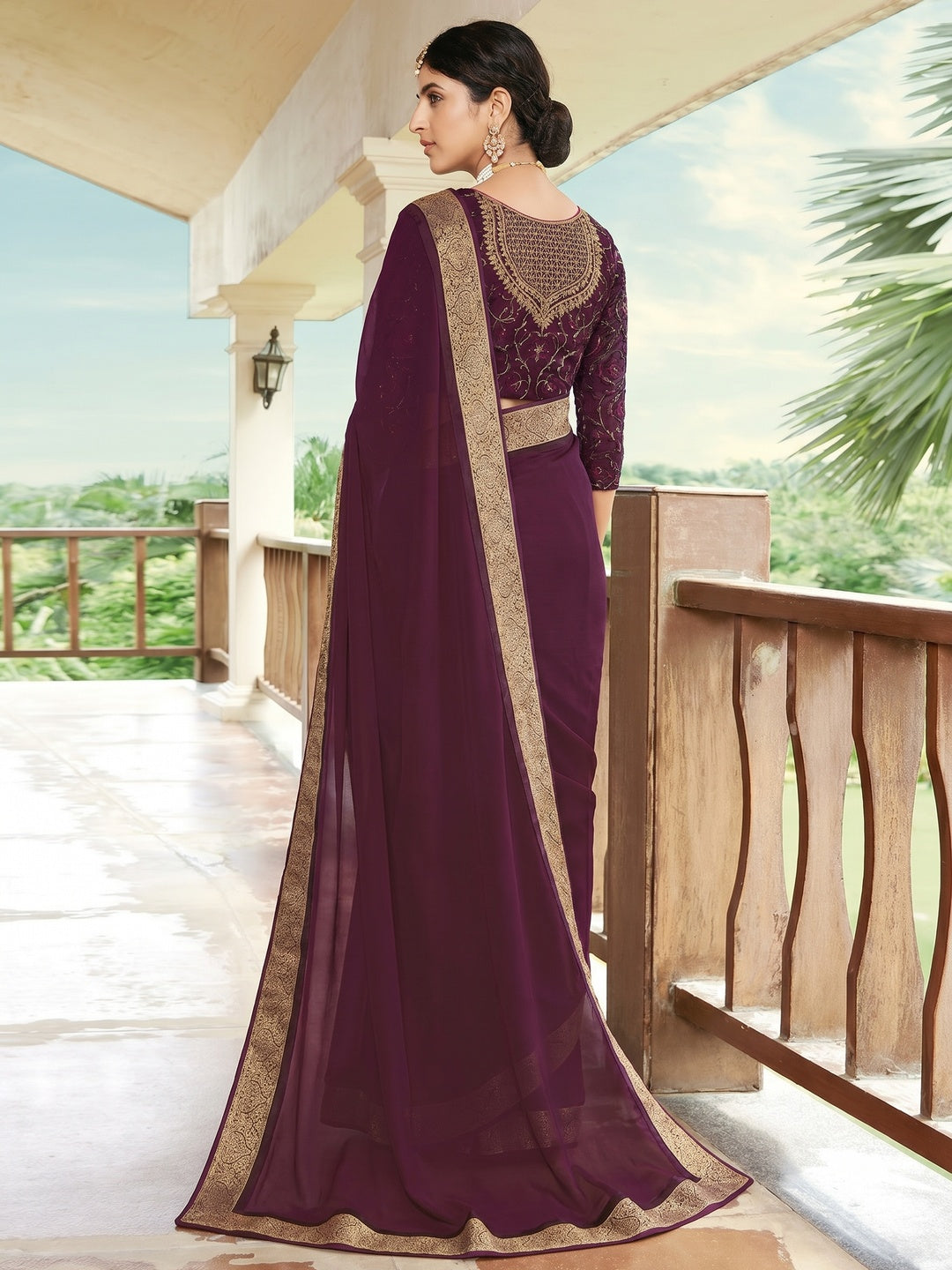 Wine Casual Wear Solid Chiffon Saree - Image 1