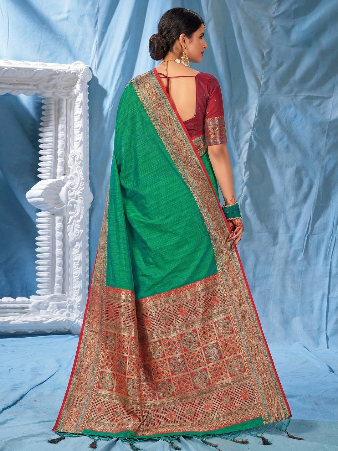 Green Woven Art Silk Saree With Tassels - Image 1