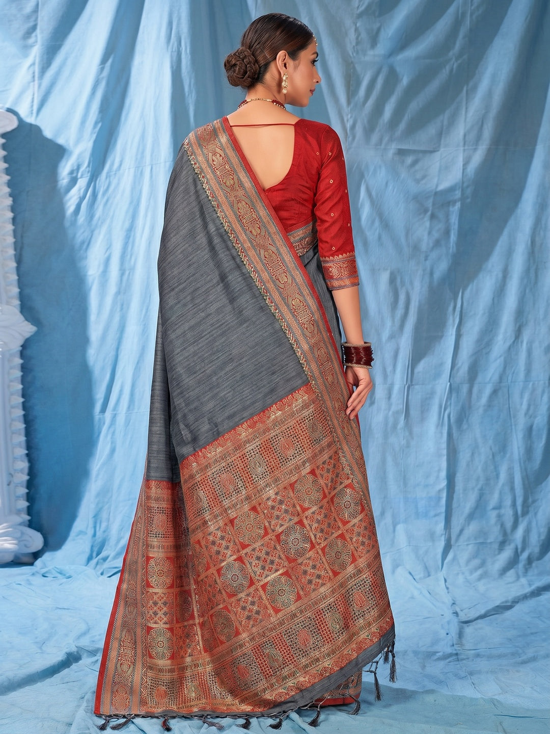 Grey Woven Art Silk Saree With Tassels - Image 1