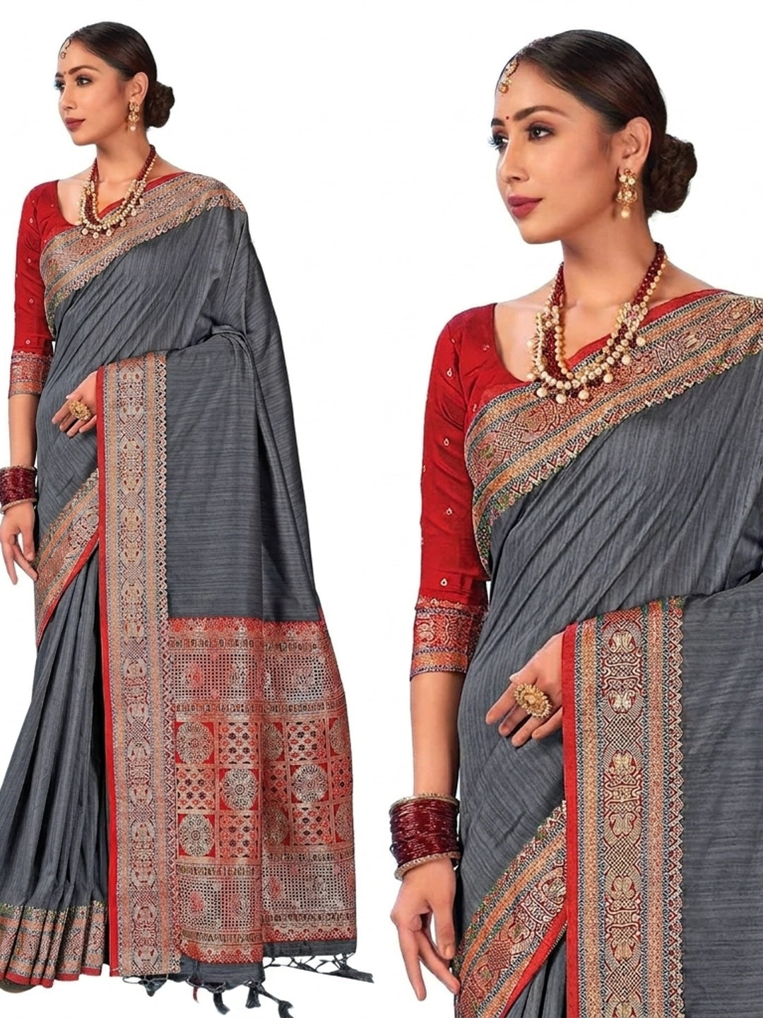 Grey Woven Art Silk Saree With Tassels - Image 2