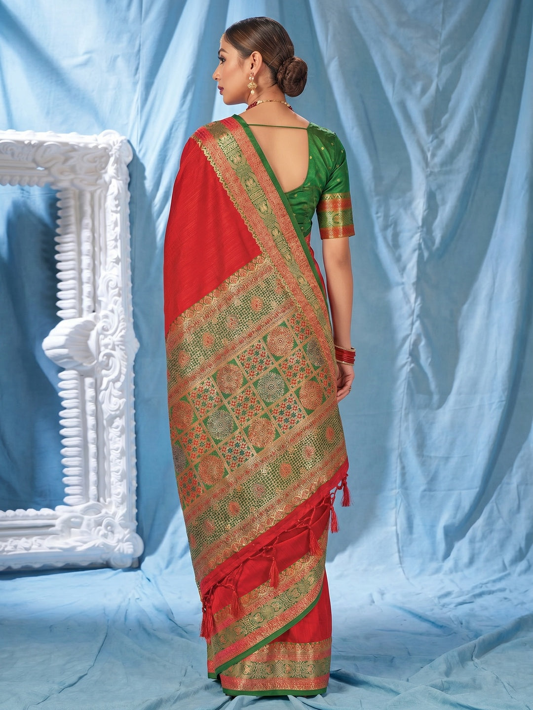 Red Woven Art Silk Saree With Tassels - Image 1