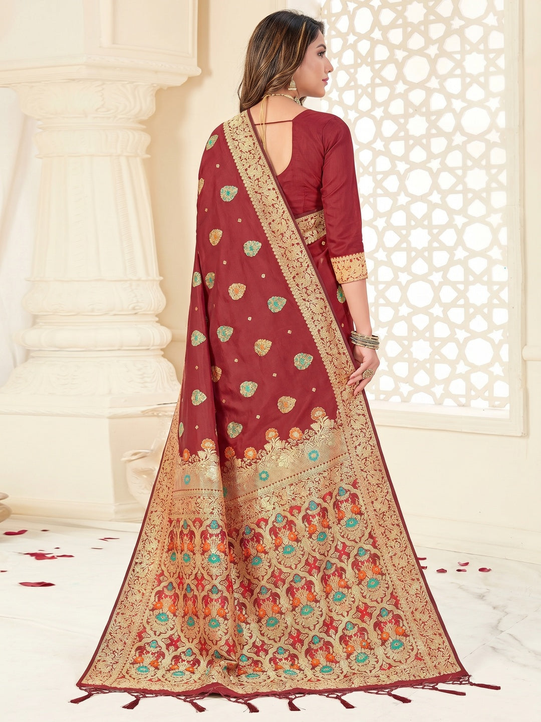 Maroon Festive Wear Woven Jari Border Soft Silk Saree - Image 1