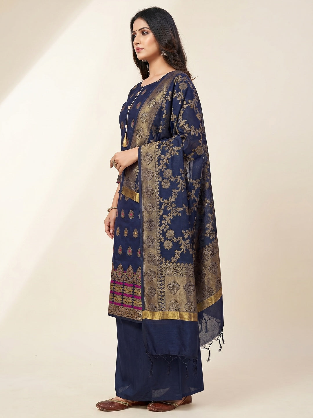 Navy Blue Festive Wear Woven Work with Tassels Banarasi Jacquard Dress Material - Image 3