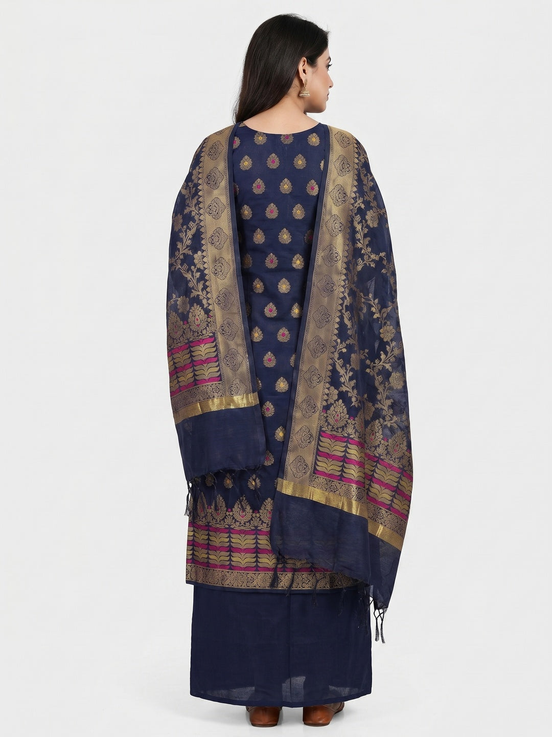 Navy Blue Festive Wear Woven Work with Tassels Banarasi Jacquard Dress Material - Image 2