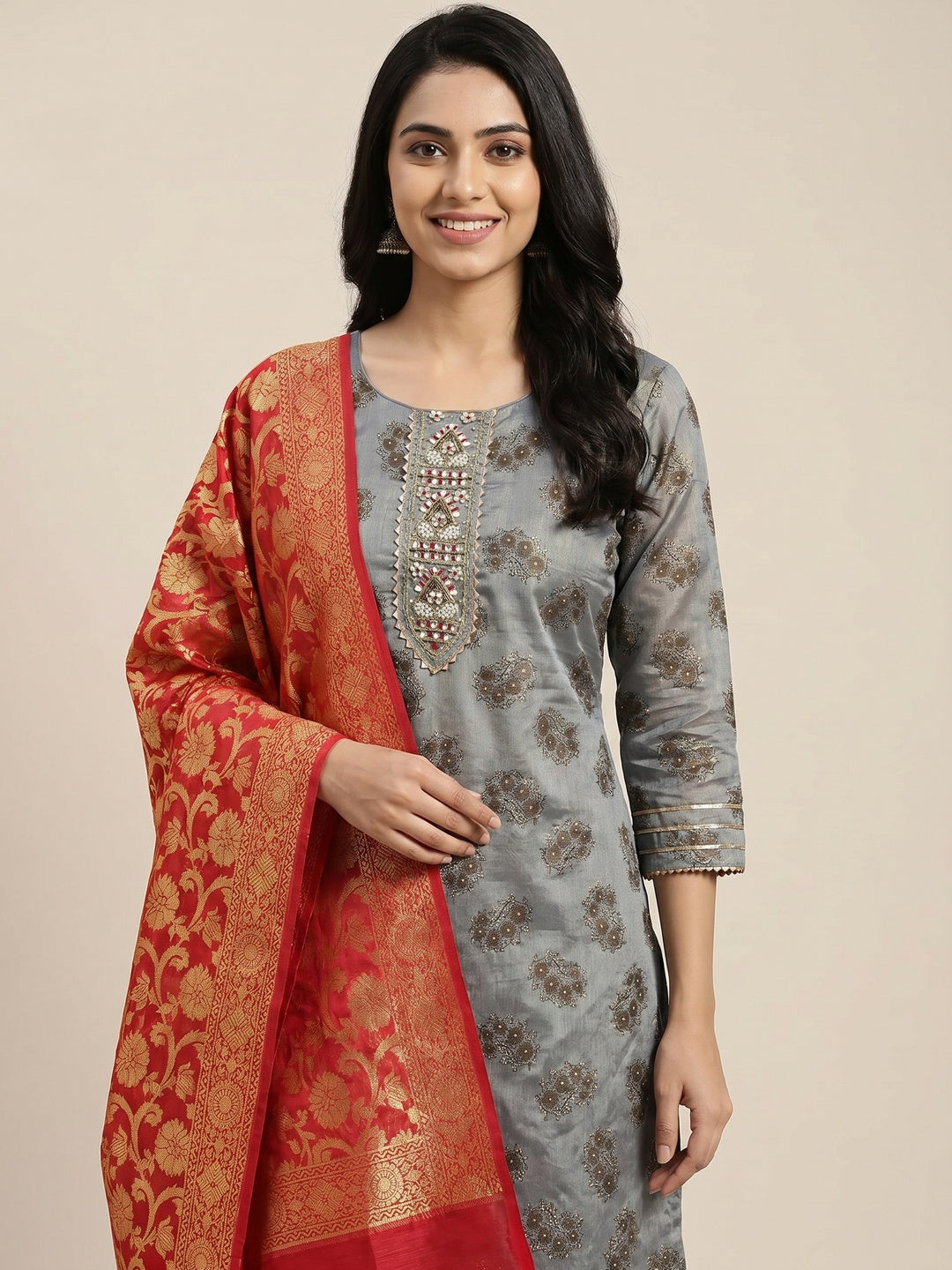 Grey Festive Wear Embroidered Floral Printed Chanderi Dress Material - Image 1