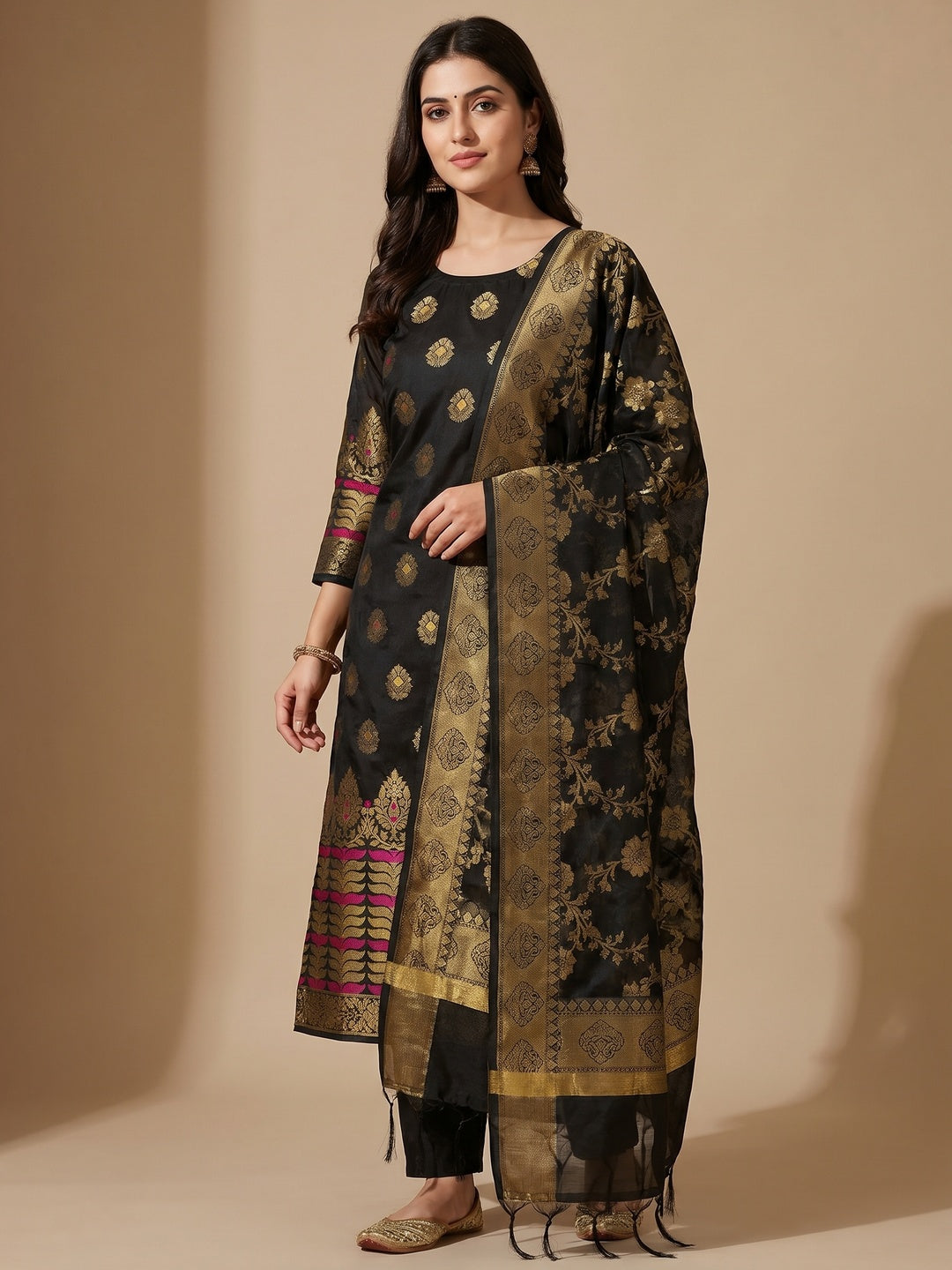 Grey Festive Wear Woven Work with Tassels Banarasi Jacquard Dress Material - Image 1