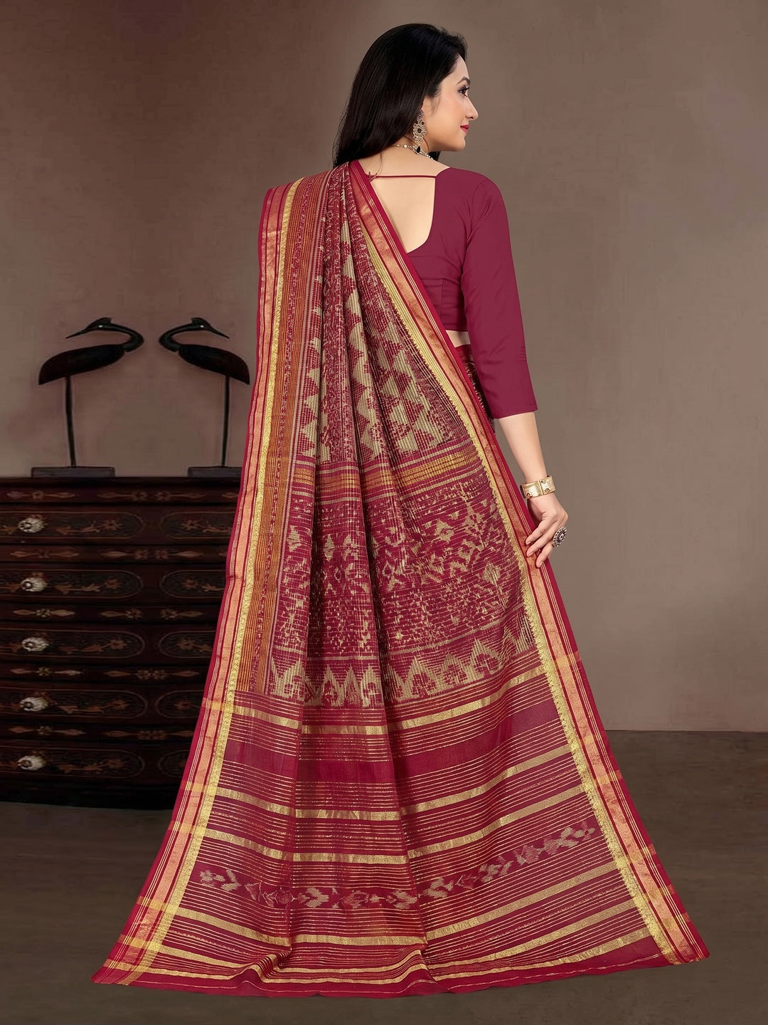 Maroon Casual Wear Ikkat Printed Cotton Silk Saree - Image 1