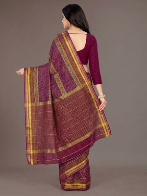 Purple Casual Wear Ikkat Printed Cotton Silk Saree - Image 1