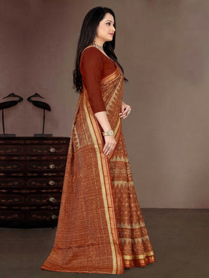 Brown Casual Wear Ikkat Printed Cotton Silk Saree - Image 1