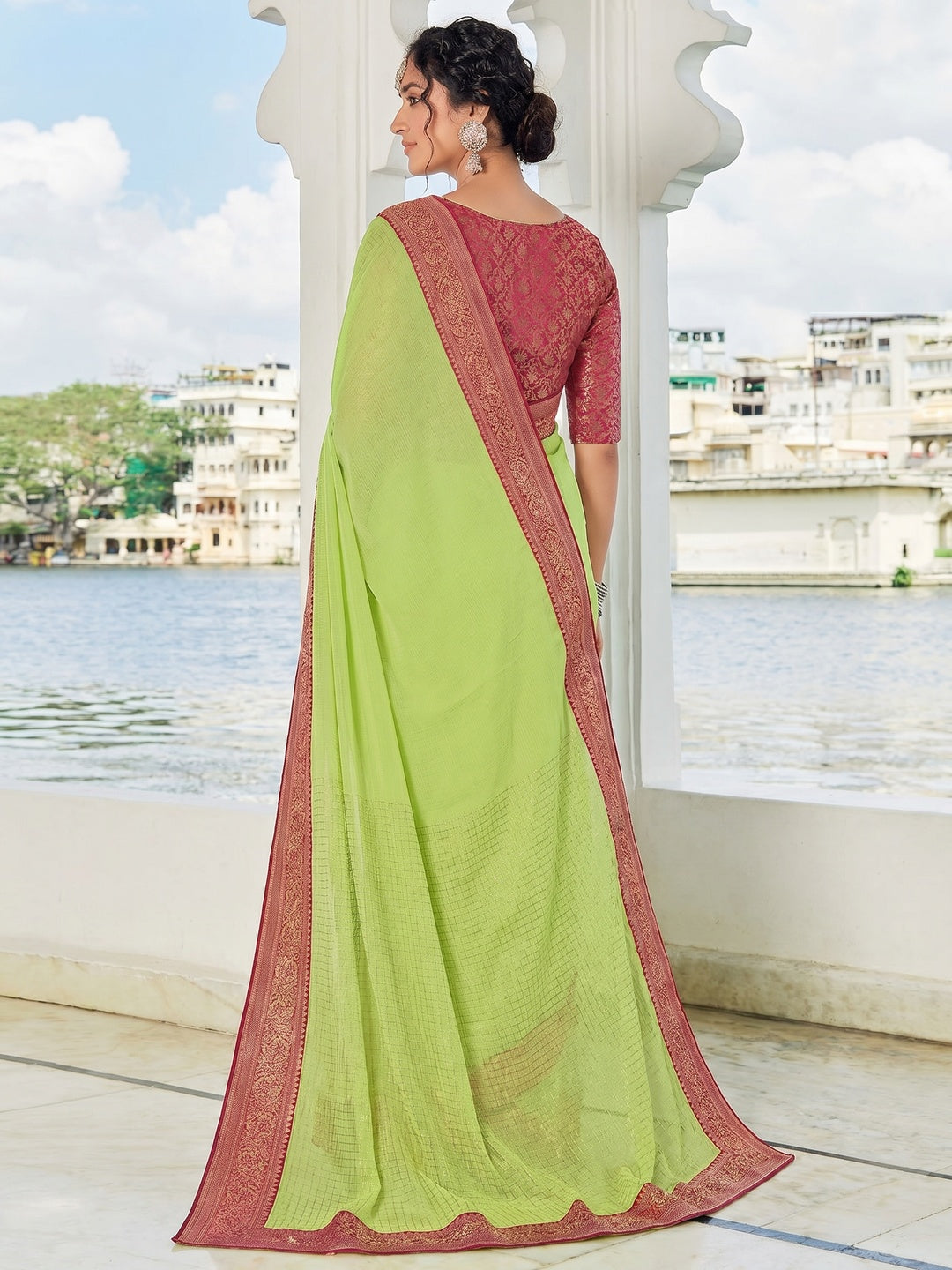 Green Festive Wear Woven Chiffon Saree - Image 1