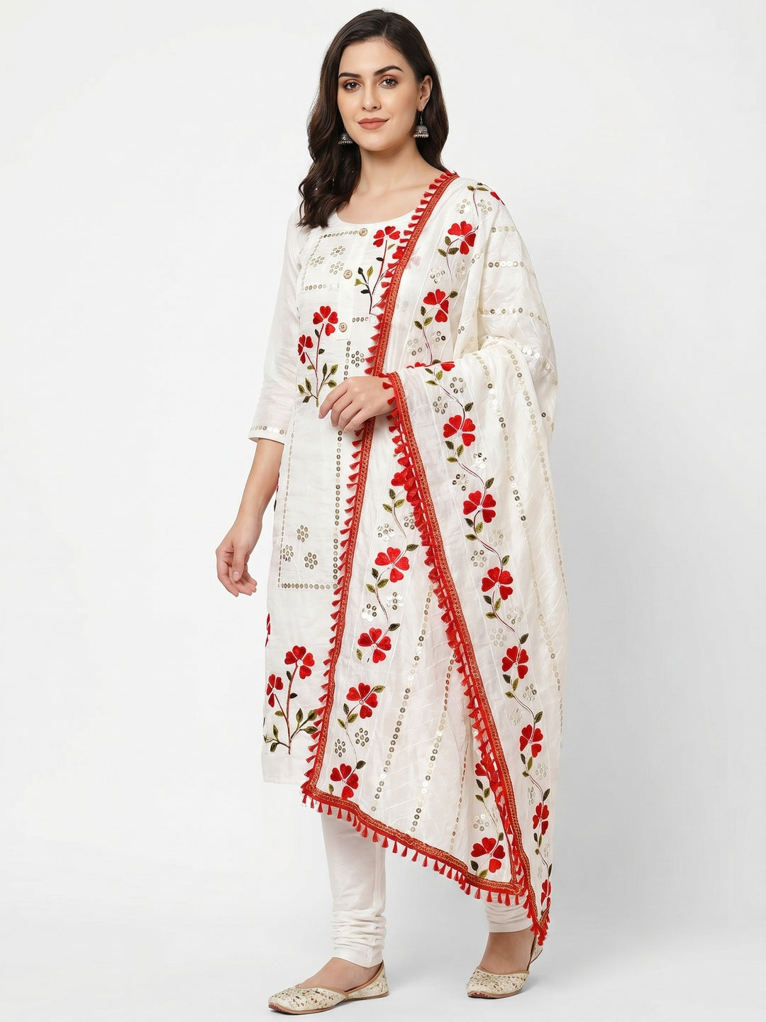 White Sequins Embroidered Chanderi Dress Material - Image 1