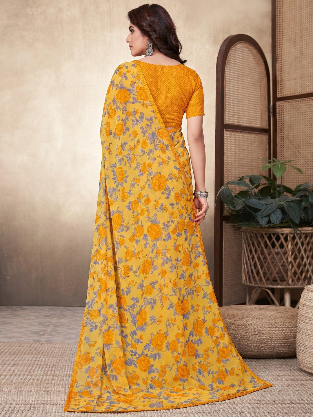 Mustard-Yellow Casual Wear Floral Printed Georgette Saree - Image 1