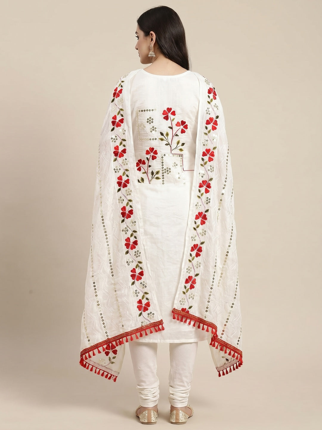 White Sequins Embroidered Chanderi Dress Material - Image 2