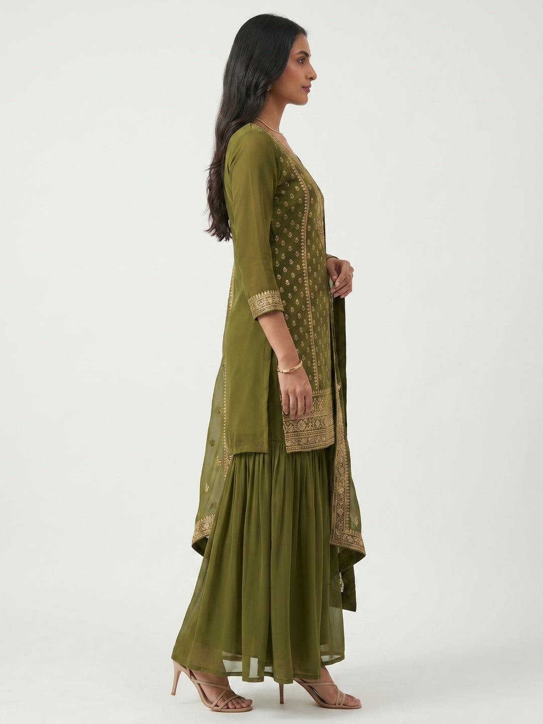 Mehendi Green Party Wear Embroidered Georgette Sharara Suit - Image 2