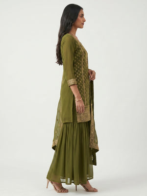 Mehendi Green Party Wear Embroidered Georgette Sharara Suit - Image 2