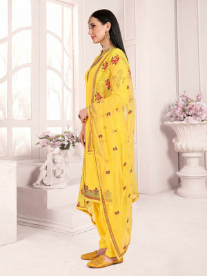 Yellow Embroidered & Embellished Satin Partywear Suit - Image 1