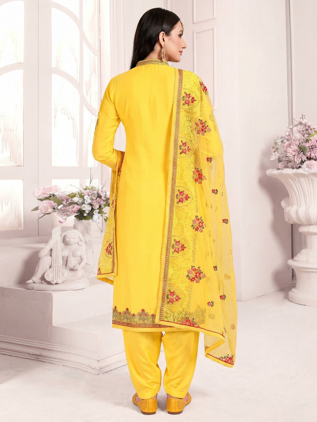 Yellow Embroidered & Embellished Satin Partywear Suit - Image 2