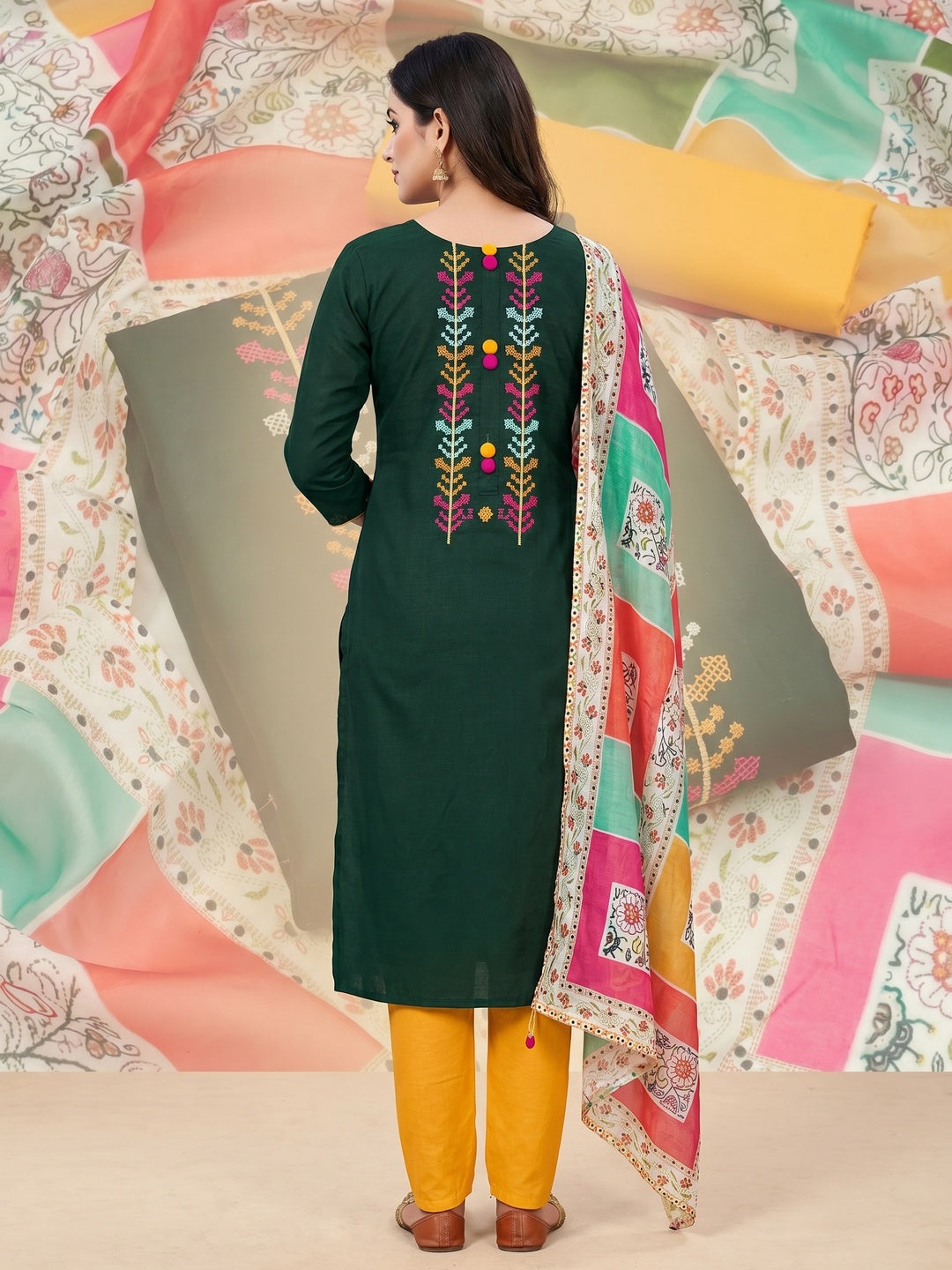 Bottle Green Casual Wear Embroidered Cotton Dress Material - Image 3