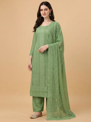 Green Festive Wear Embroidered Georgette Dress Material - Image 1
