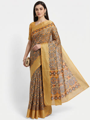 Gold Casual Wear Digital Printed Cotton Silk Saree - Image 1