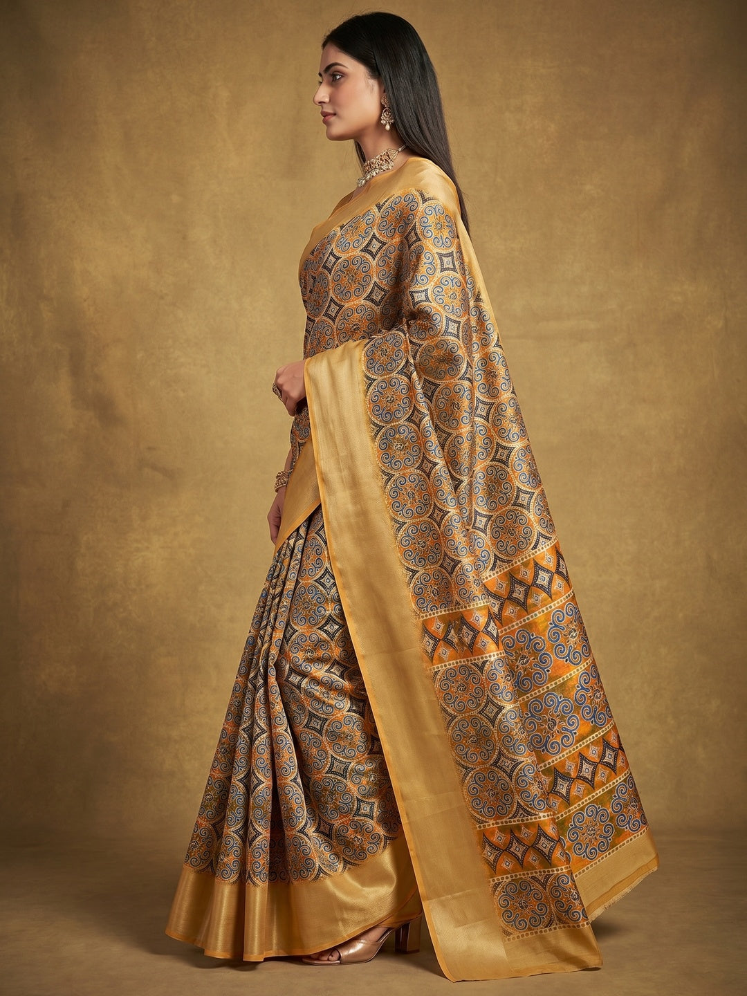 Gold Casual Wear Digital Printed Cotton Silk Saree - Image 3