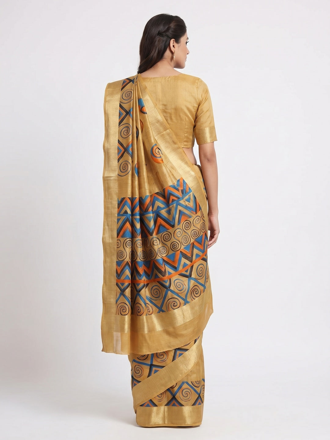 Gold Casual Wear Digital Printed Cotton Silk Saree - Image 2