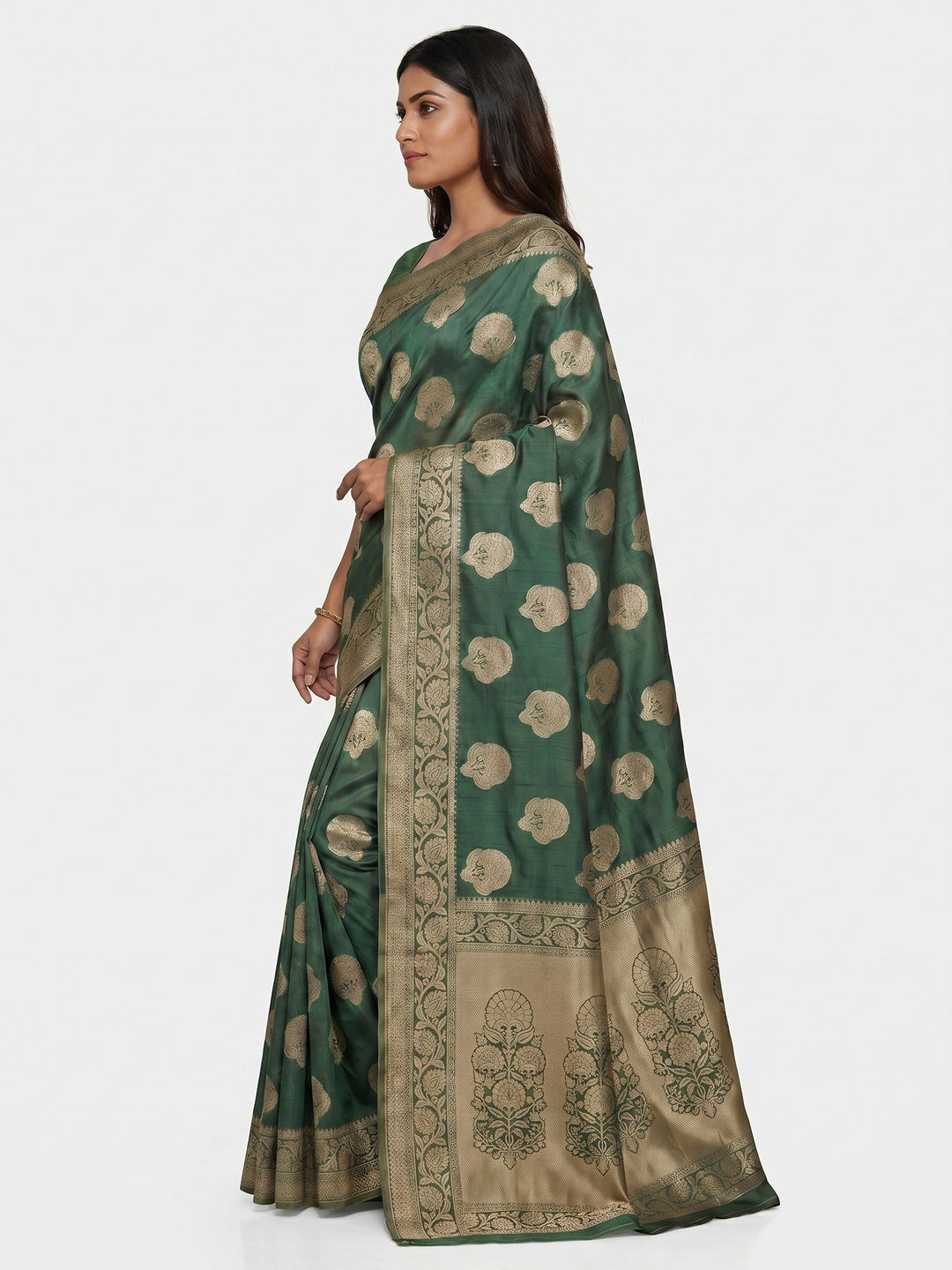 Green Festive Wear Woven Silk Saree - Image 3
