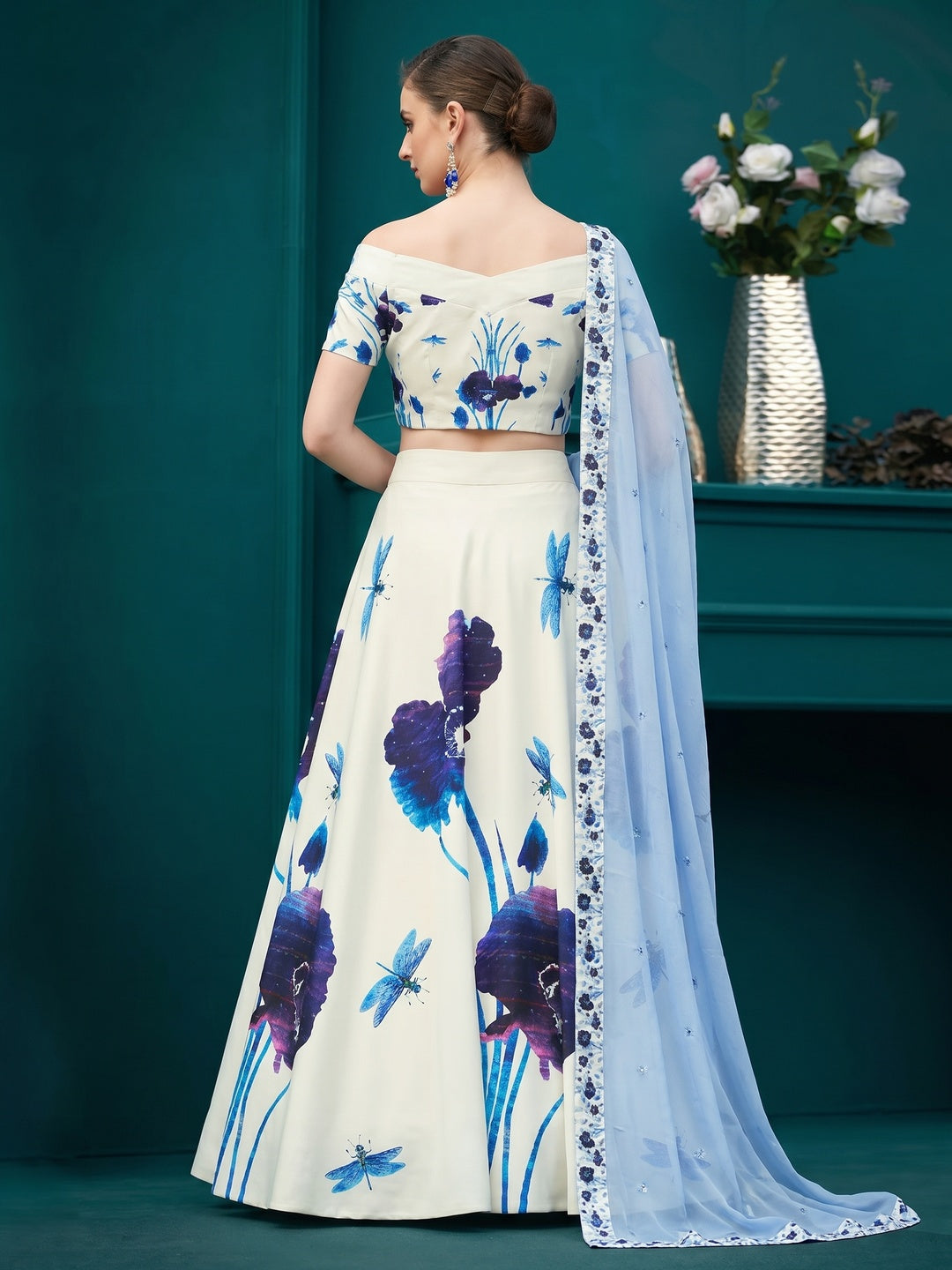 Outstanding Off-White Colored Designer Partywear Digital Printed Silk Lehenga Choli - Image 1