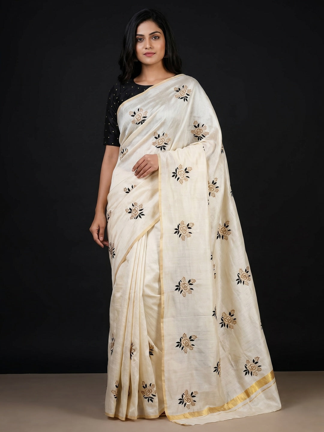 Offwhite Floral Embroidered Silk Saree - Image 1