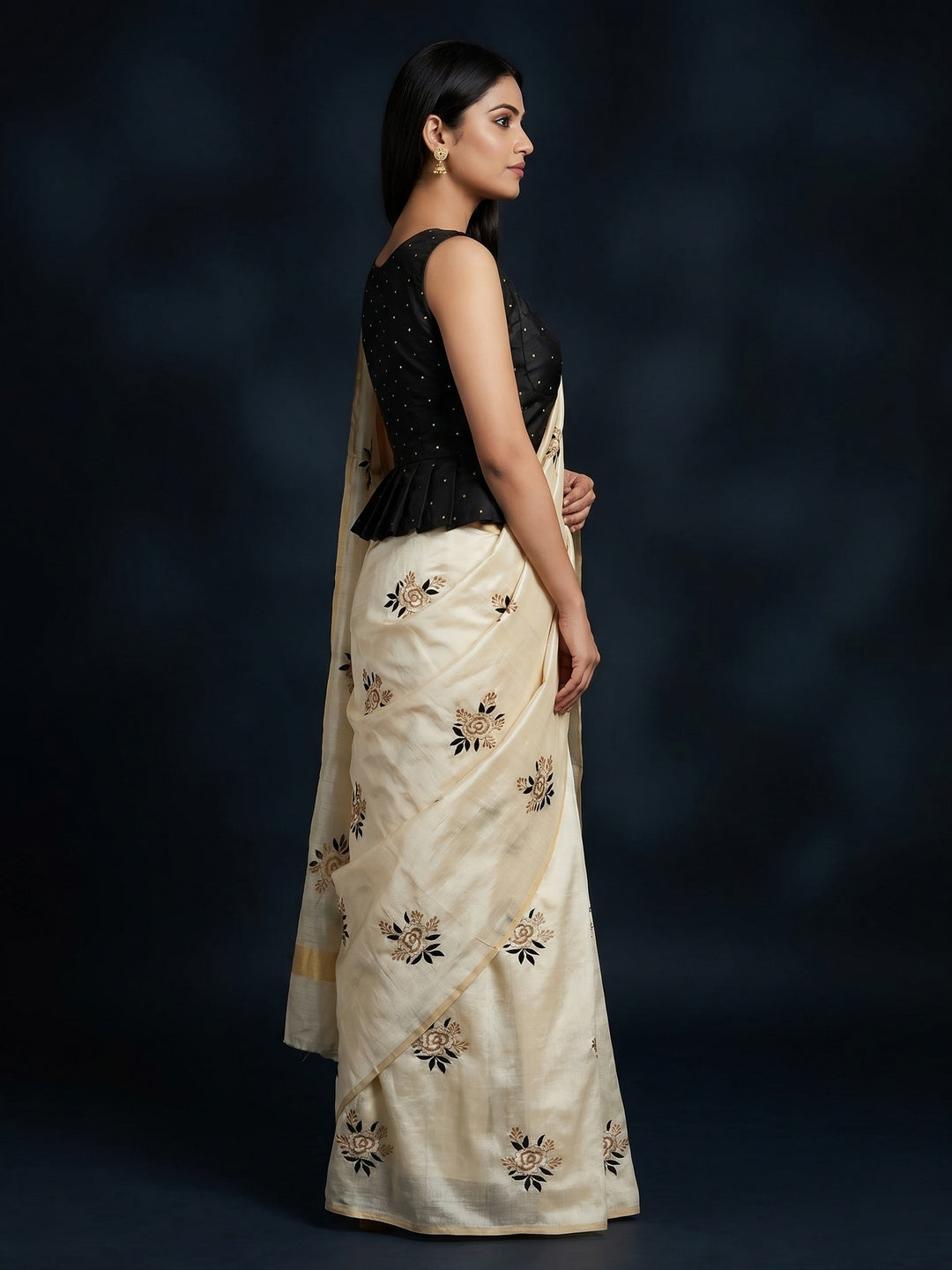 Offwhite Floral Embroidered Silk Saree - Image 3