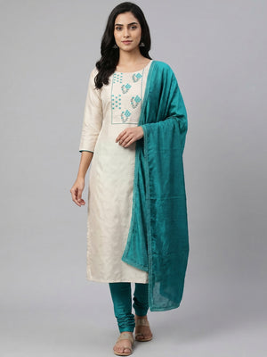 Offwhite Partywear Floral Embroidered Pure Silk Dress Material - Image 1