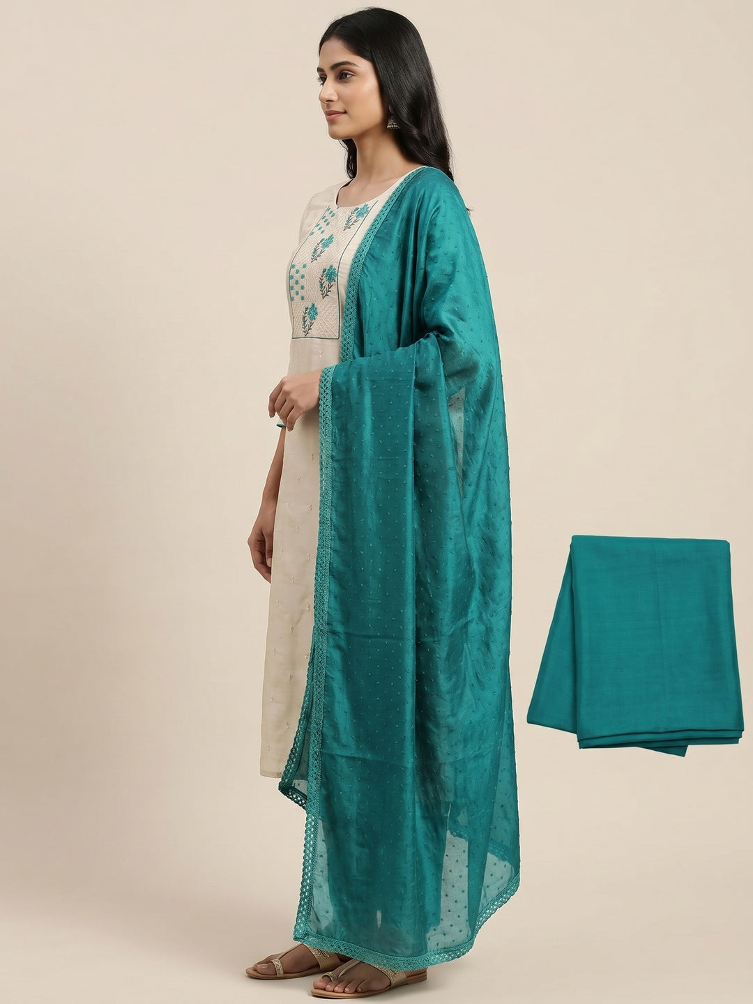 Offwhite Partywear Floral Embroidered Pure Silk Dress Material - Image 3