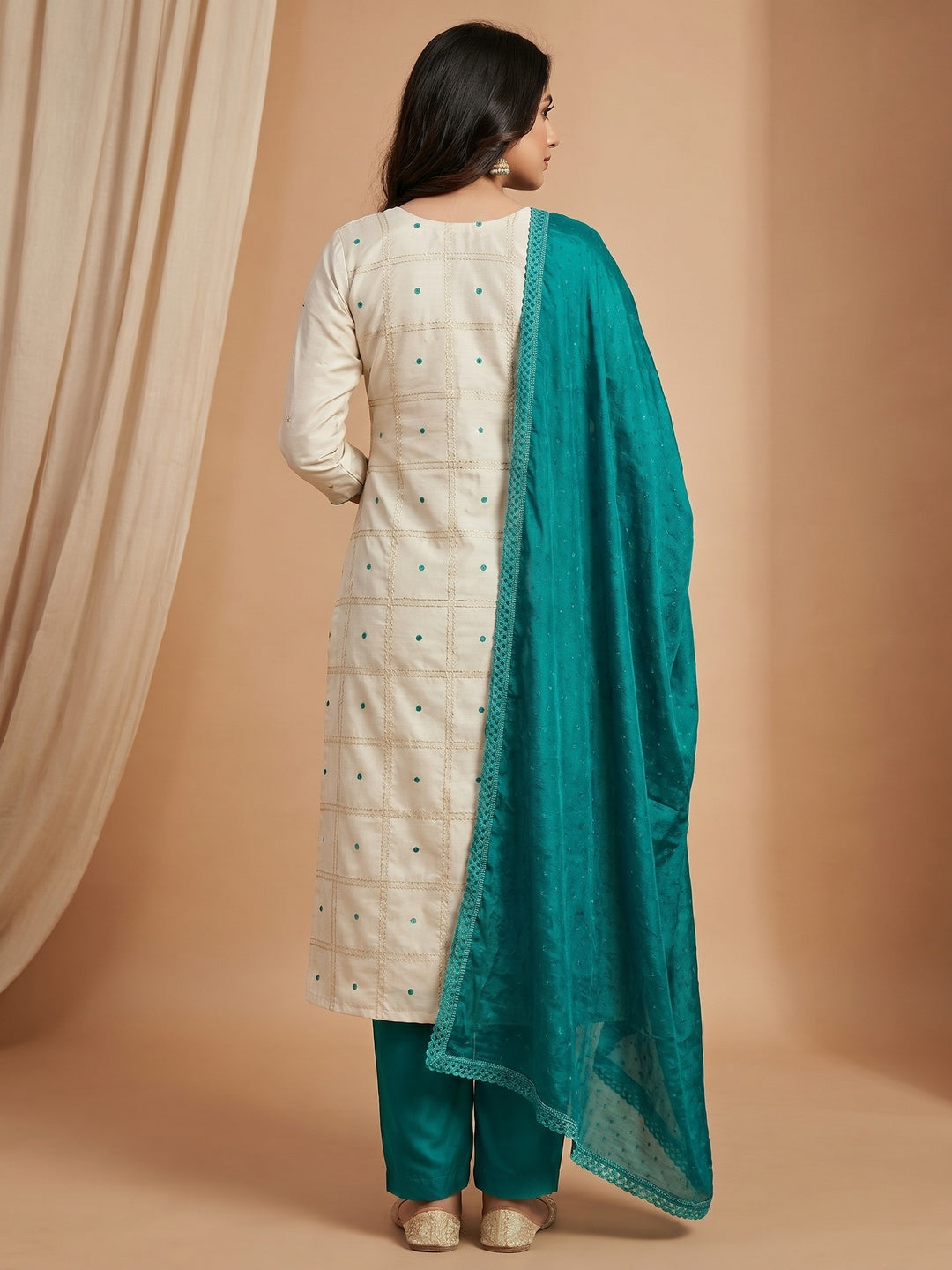 Offwhite Partywear Floral Embroidered Pure Silk Dress Material - Image 2