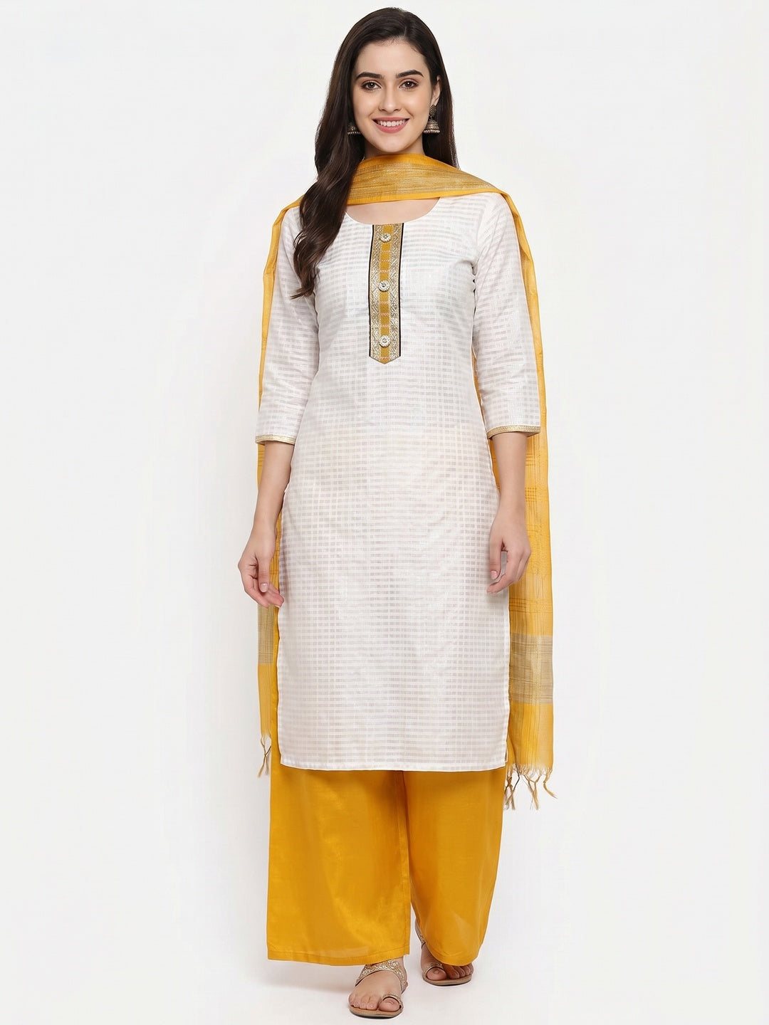Off-White Festive Wear Woven Banarasi Silk Jacquard Dress Material - Image 1