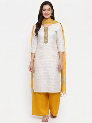 Off-White Festive Wear Woven Banarasi Silk Jacquard Dress Material - Image 1