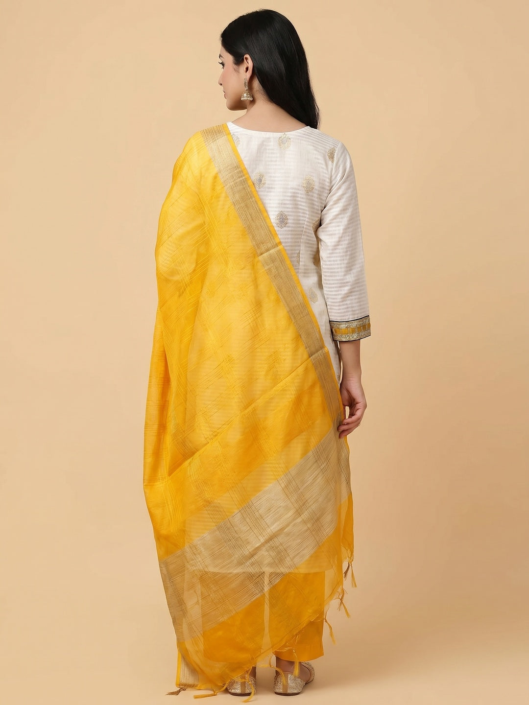 Off-White Festive Wear Woven Banarasi Silk Jacquard Dress Material - Image 3