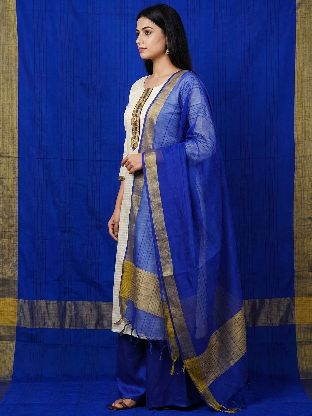 Off-White Festive Wear Woven Banarasi Silk Jacquard Dress Material - Image 3