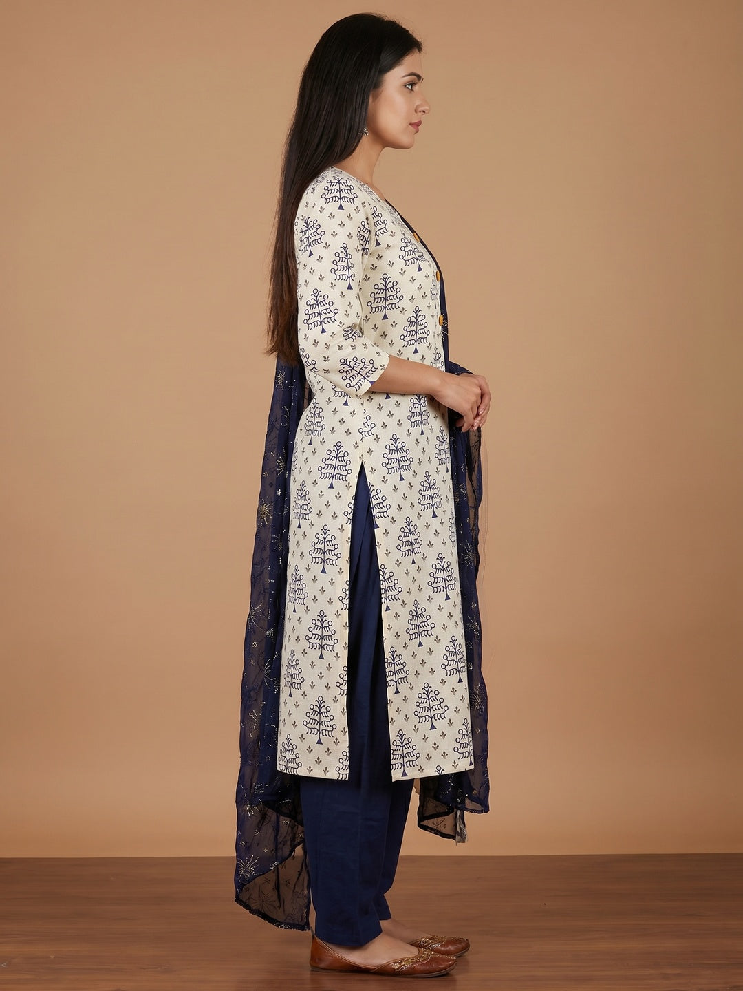 Off White - Blue Casual Wear Printed Cotton Dress Material - Image 3