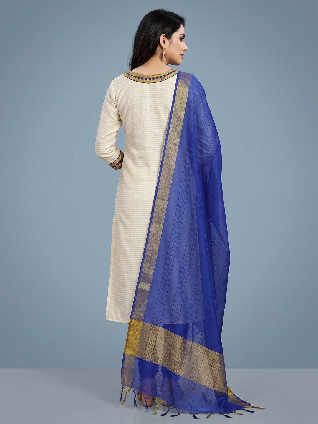 Off-White Festive Wear Woven Banarasi Silk Jacquard Dress Material - Image 2