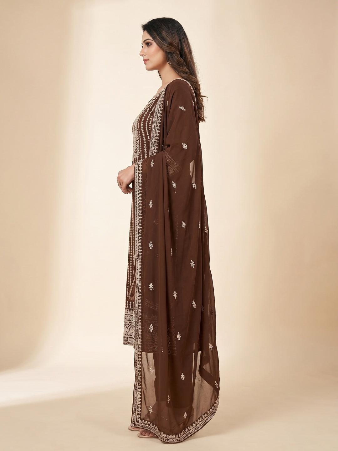 Brown Festive Wear Embroidered Georgette Dress Material - Image 3