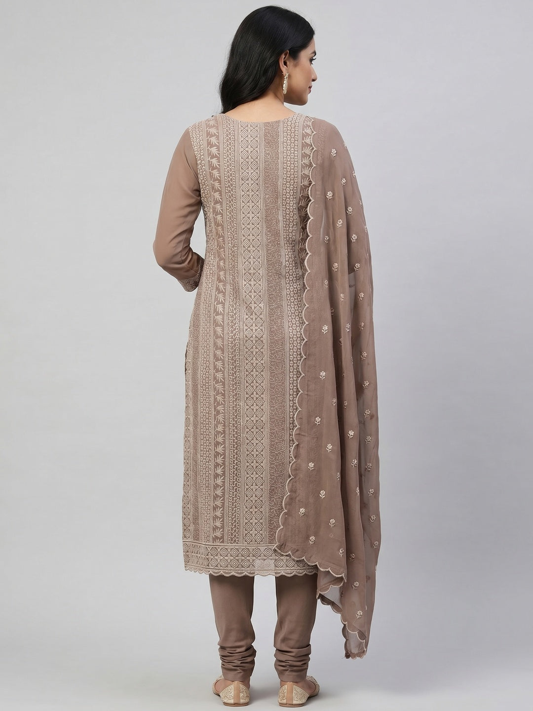 Brown Festive Wear Embroidered Georgette Dress Material - Image 2