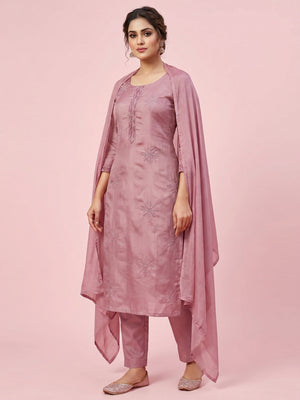 Mauve Embroidered Art Silk Dress Material - Image 1
