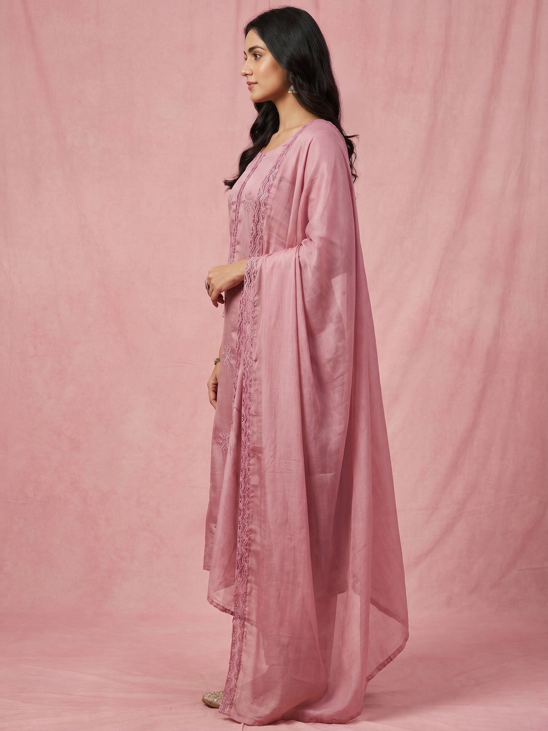 Mauve Embroidered Art Silk Dress Material - Image 2