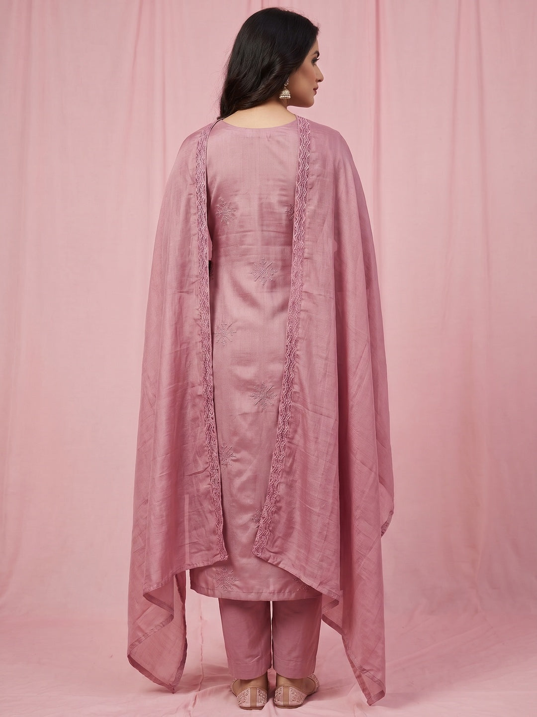 Mauve Embroidered Art Silk Dress Material - Image 3