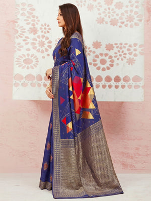 Glowing Blue Colored Festive Wear Woven Banarasi Silk Saree - Image 1