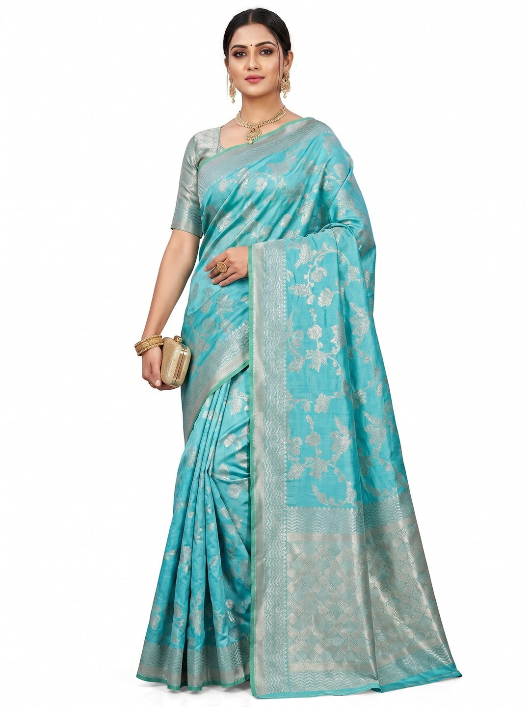 Light Firozi Festive Wear Zari Woven Art Silk Saree - Image 1
