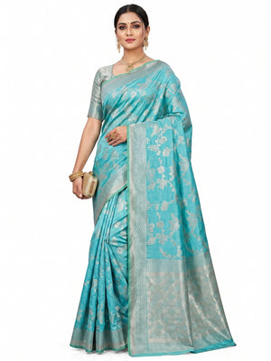Light Firozi Festive Wear Zari Woven Art Silk Saree - Image 1
