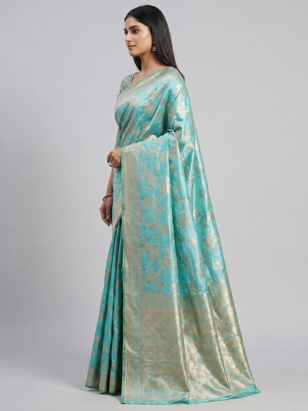 Light Firozi Festive Wear Zari Woven Art Silk Saree - Image 3