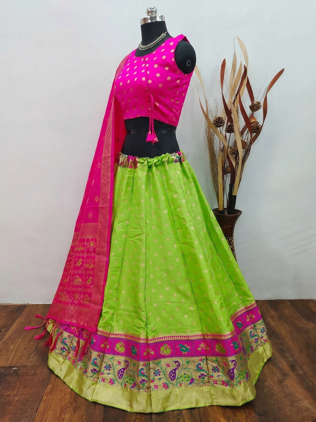 Green Festive Wear Woven Brocade Lehenga Choli - Image 3